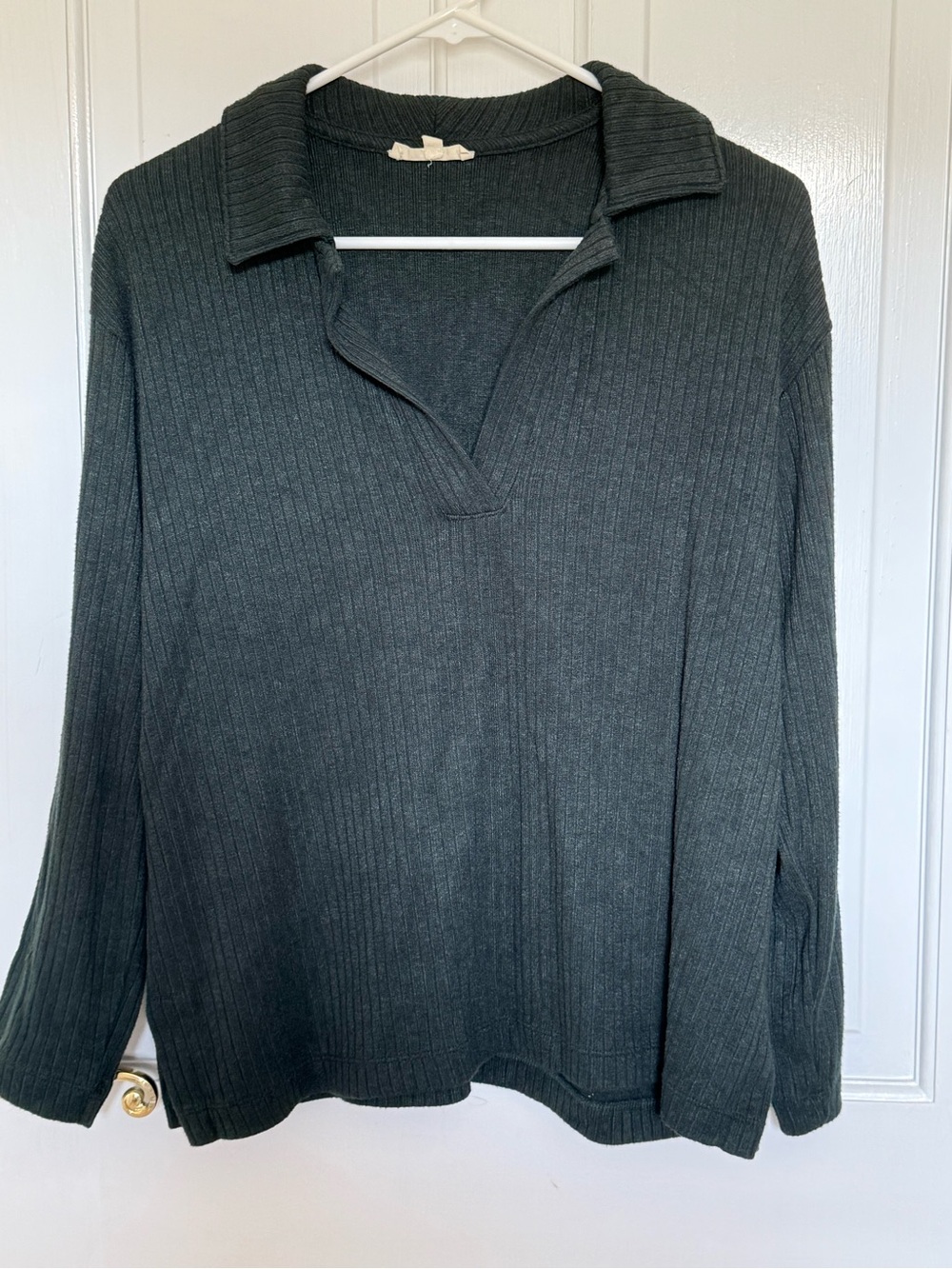 Madewell Dark Green Ribbed Collared V-Neck Sweater Size Small - Msmnts in Pic